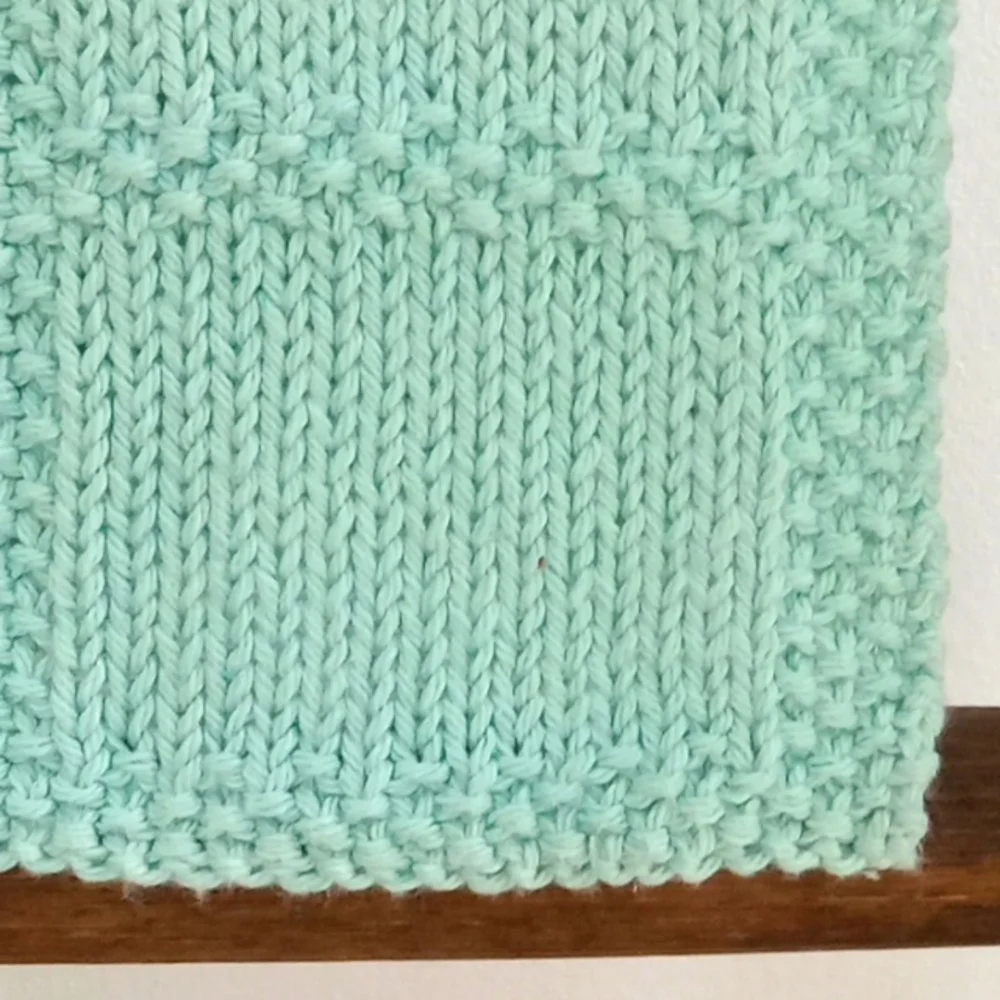 Handmade Handknit Aqua Blue Textured Windowpane Pattern Cotton Hand Towel